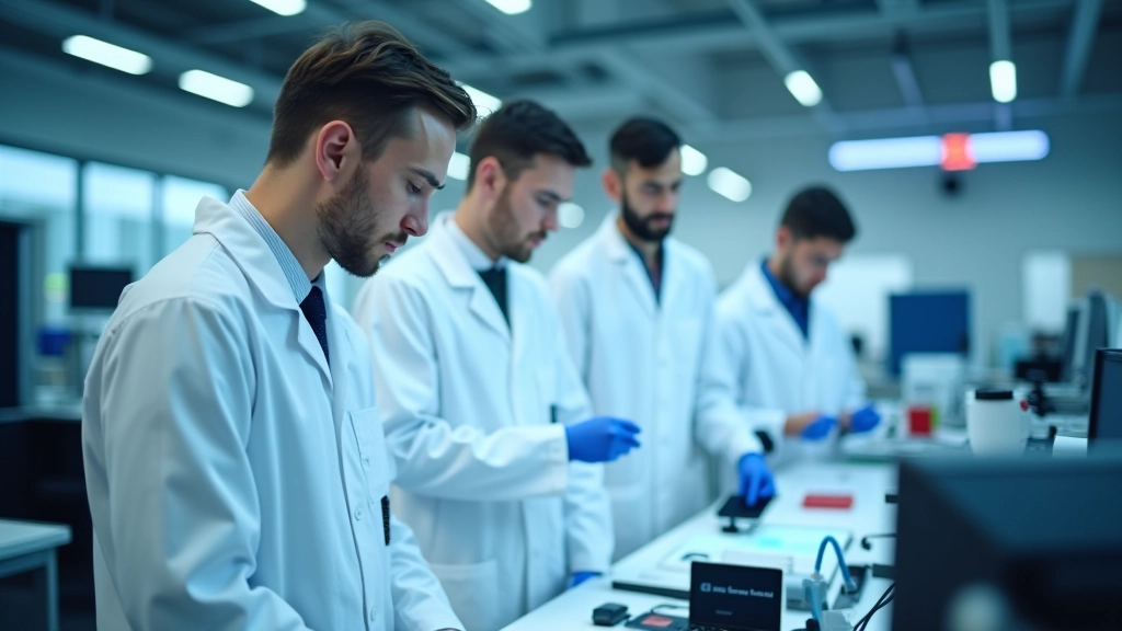 Vue d'ensemble d'un laboratoire de recherche avec chercheurs travaillant sur des prototypes et équipements de pointe
