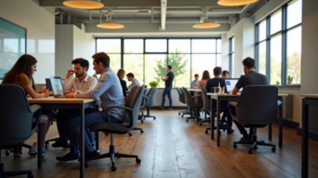 Espace collaboratif moderne avec des gens discutant autour d'une table de travail
