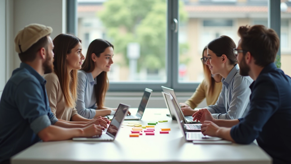 Environnement de travail startup moderne avec équipe collaborant autour d'une table, ordinateurs portables et notes colorées