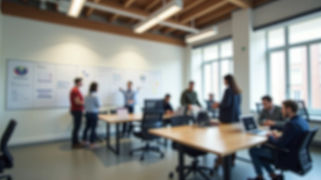 Espace de travail collaboratif dans un incubateur startup avec tableaux blancs et équipes