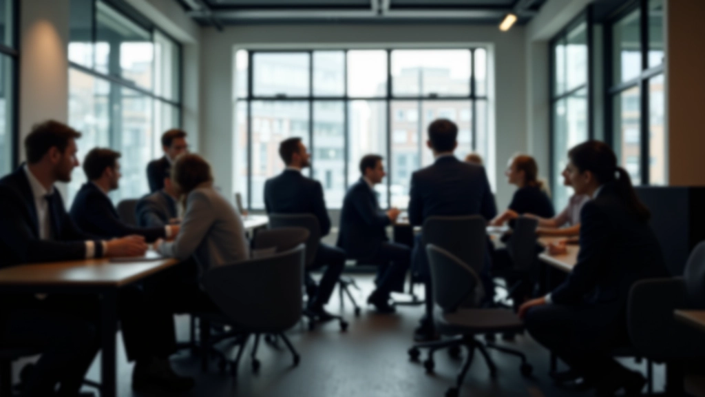 Événement de conférence tech avec entrepreneurs et investisseurs discutant, salle de présentation moderne