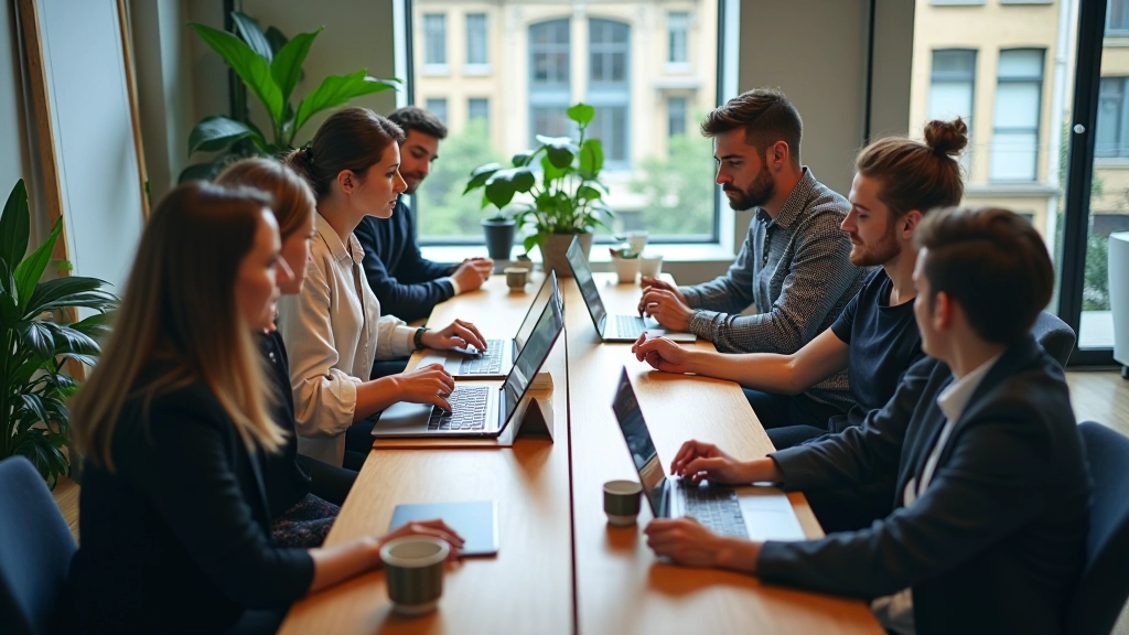 Espace de travail collaboratif avec des développeurs et designers travaillant ensemble, lumière naturelle