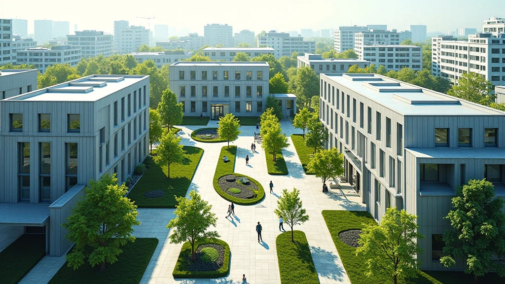 Vue d'ensemble d'un campus startup avec bâtiments modernes et espaces verts, infrastructure pour entrepreneurs
