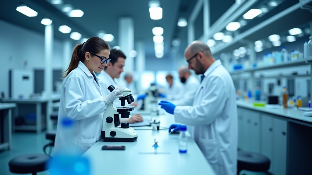 Laboratoire de recherche avec équipements scientifiques et chercheurs au travail