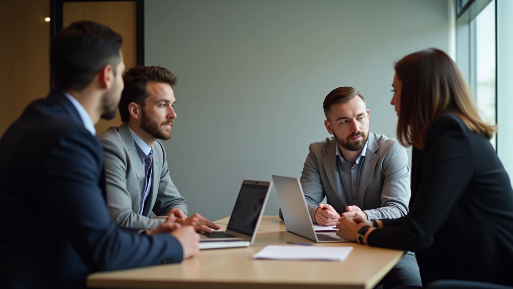 Réunion d'équipe startup avec présentation sur écran, notes et discussions de stratégie