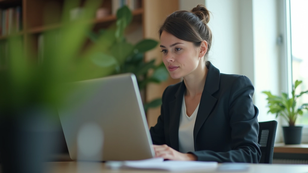 Femme entrepreneur souriant devant son ordinateur portable dans un petit bureau startup, ambiance professionnelle et décontractée